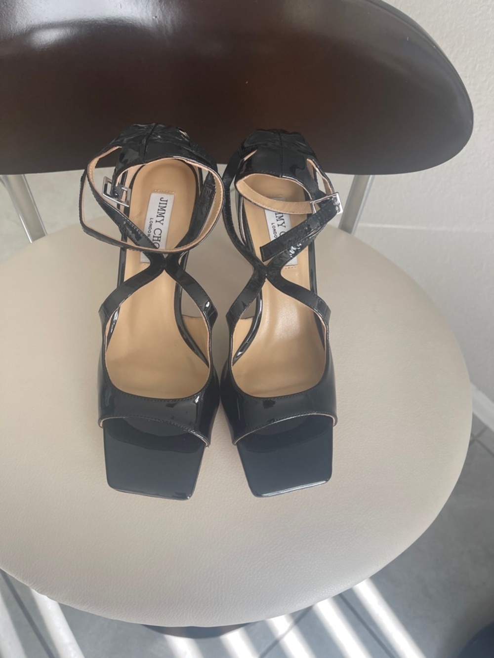 Jimmy Choo Black Patent Crisscross Ankle-Strap Heels